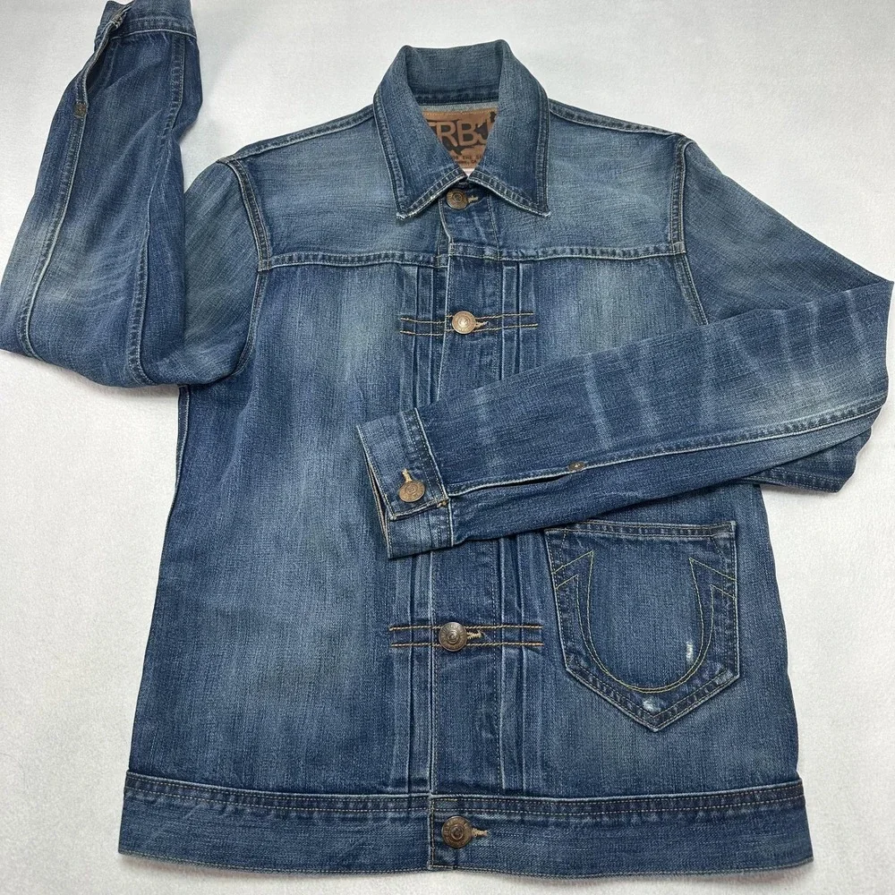 True Religion Jacket Mens Small Blue‎ Denim Kyle Phoenix Front Pleated Trucker